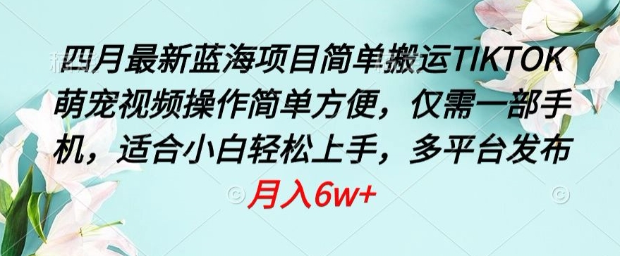 四月最新蓝海项目，简单搬运TIKTOK萌宠视频，操作简单方便，仅需一部手机 - 中赚网创-中赚网创